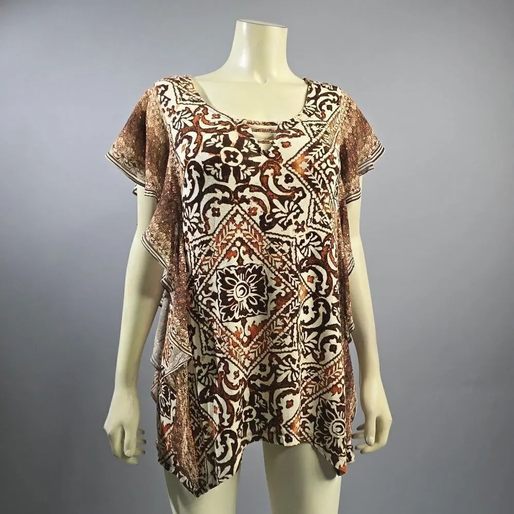ONE WORLD Brown and Tan Cap Sleeve Boxy Tunic R15